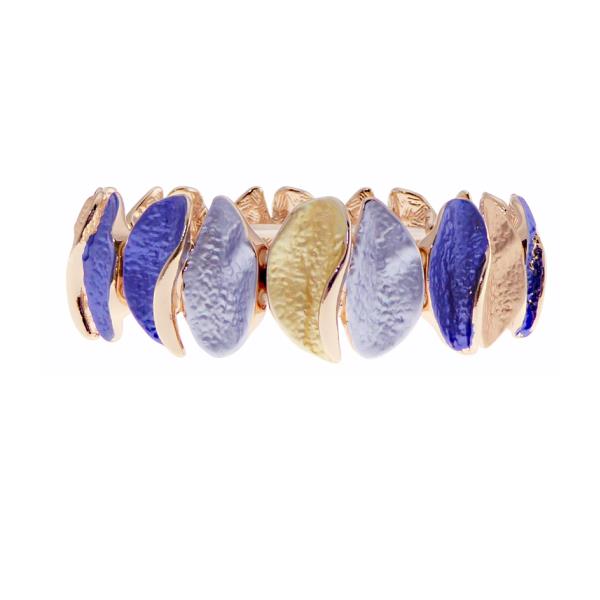 Rose gold elasticated bracelet featuring intricate vertical leaf patterns and striking blue accents, perfect for any occasion.