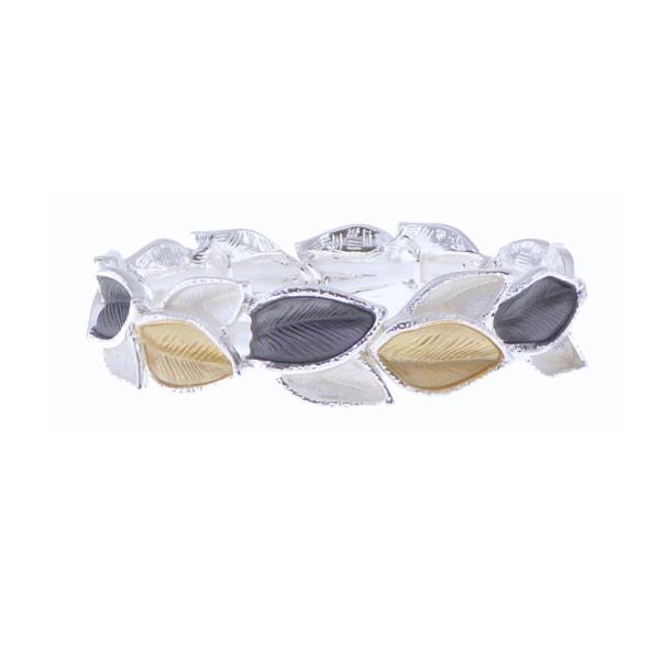 Elegant bracelet featuring a unique leaf design in shiny silver, matte gold, and grey; perfect for any occasion.