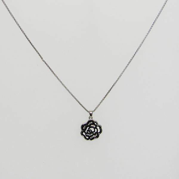 Elegant Outline Rose-Rhodium Necklace with a 2 cm rose pendant on a 44 cm chain, perfect for any occasion.