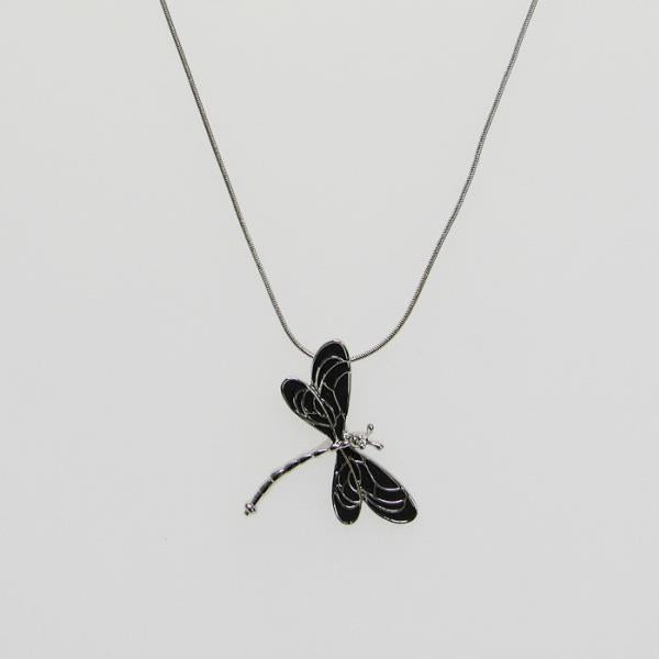 Elegant black and silver dragonfly necklace on a delicate chain, symbolizing transformation and individuality.