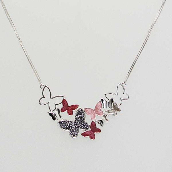 Purple and pink butterfly necklace featuring intricate designs, perfect for casual or formal occasions, 36 cm chain length.