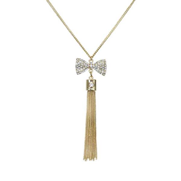 Elegant gold Jax Bow Necklace featuring a chic tassel, adjustable chain, and 9 cm pendant, perfect for any occasion.