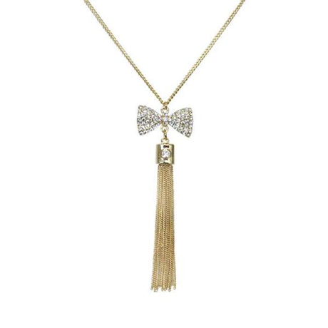 Elegant gold Jax Bow Necklace featuring a chic tassel, adjustable chain, and 9 cm pendant, perfect for any occasion.