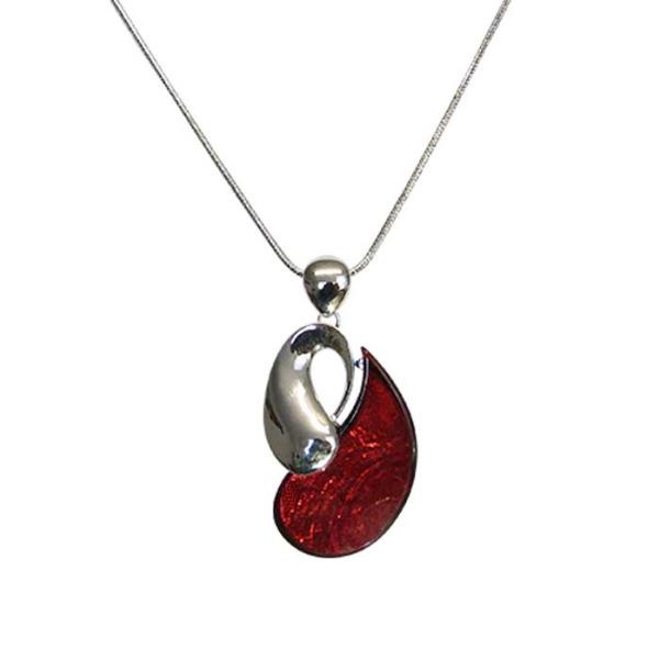 Elegant rhodium-plated teardrop necklace with vibrant red resin, perfect for any outfit and adjustable for a flawless fit.