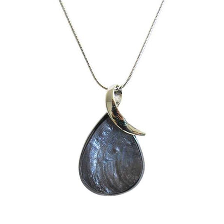 Jax Rhodium Teardrop Necklace in Slate features a stunning 5.5x3 cm pendant on an adjustable chain for modern elegance.