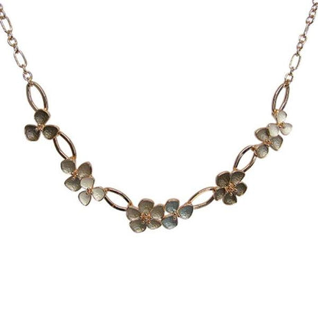 Rose gold necklace featuring charming daisy designs, adjustable 46 cm chain with 7 cm extension, perfect for any occasion.
