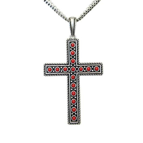 Antique silver cross necklace featuring intertwined rolo and box chains, measuring 80 cm with a 9 x 5 cm pendant.