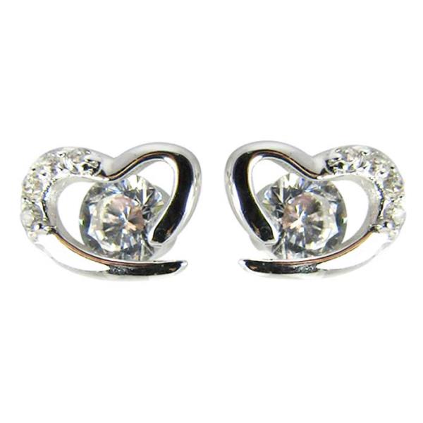 Sterling silver heart post earrings featuring a sparkling white diamante crystal, measuring 0.6 x 0.8 cm.