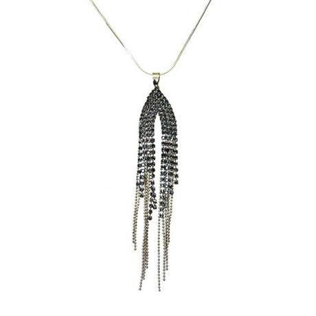 Antique silver diamante tassel necklace on a 70 cm snake chain with adjustable length, perfect for elegant occasions.