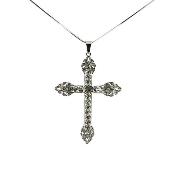 A large Jax Diamante Cross Necklace with an 8 x 6 cm cross pendant on a 72 cm chain with an 8 cm extension.