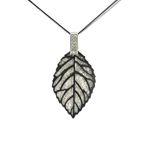 Elegant Jax Black Diamante Leaf Necklace with a dual-chain design, featuring a sparkling leaf pendant and adjustable length.