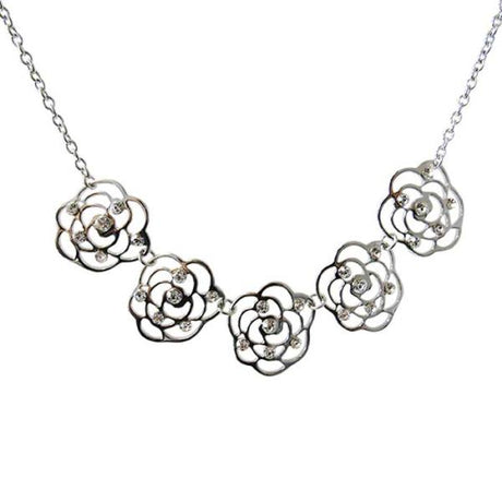 Elegant Jax Five Diamante Roses Necklace featuring five sparkling rhinestone roses on a rhodium chain, perfect for any occasion.