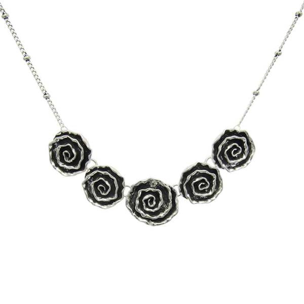 Antique silver necklace featuring five intricately designed swirl roses on a customizable 46 cm chain with extension.