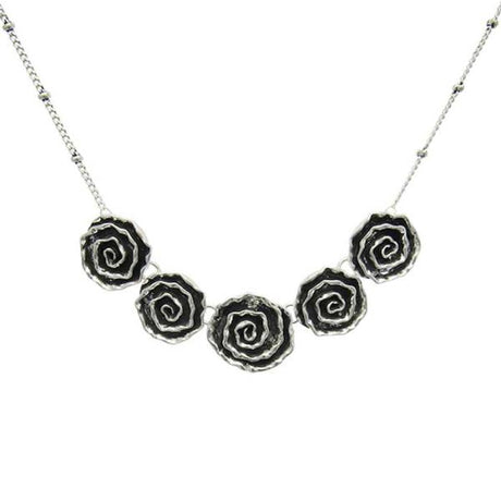 Antique silver necklace featuring five intricately designed swirl roses on a customizable 46 cm chain with extension.