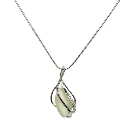 Elegant Jax White Teardrop Necklace featuring a cat's eye stone in a rhodium cage, adorned with tiny diamantes on a stylish chain.