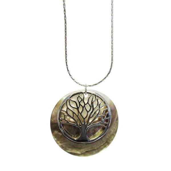 Rhodium-plated tree of life pendant on a vibrant paua shell disc, suspended from a sturdy 70 cm chain with extension.