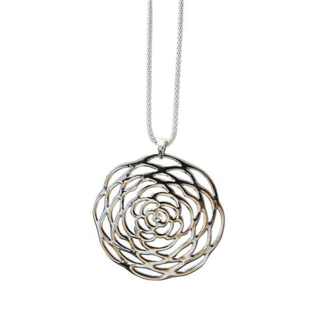 Large geometric rose pendant in rhodium with clear diamante on a sparkling 70 cm snake chain, 4.8 cm diameter.