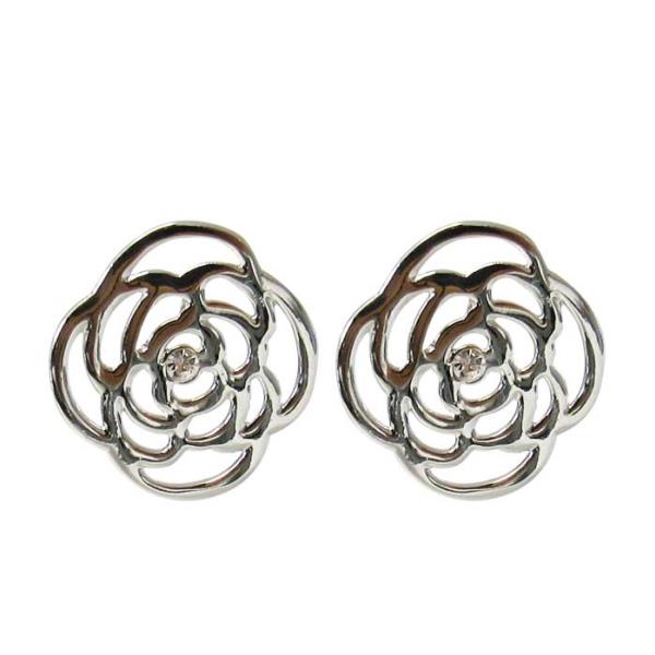 Geometric rose earrings in rhodium with a clear diamante center, perfect for adding elegance and glamour to any outfit.