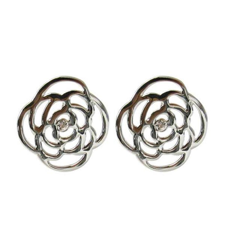Geometric rose earrings in rhodium with a clear diamante center, perfect for adding elegance and glamour to any outfit.