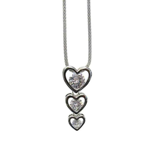 Rhodium-plated necklace featuring three teardrop heart pendants with large zircon crystals on a 46 cm snake chain.