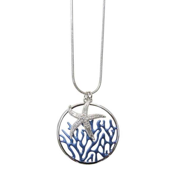 Coral blue pendant necklace featuring a starfish design and diamantes on a 70 cm adjustable snake chain.