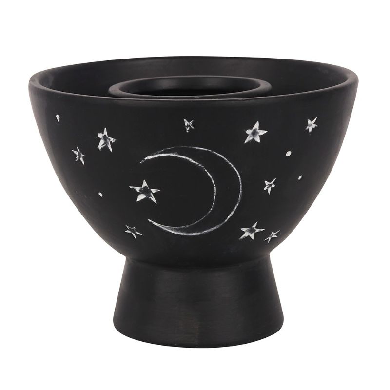 Black terracotta smudge bowl with crescent moon and stars design, perfect for burning herbs and enhancing spiritual practices.