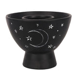 Black terracotta smudge bowl with crescent moon and stars design, perfect for burning herbs and enhancing spiritual practices.