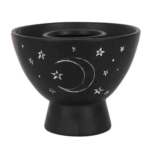 Black terracotta smudge bowl with crescent moon and stars design, perfect for burning herbs and enhancing spiritual practices.