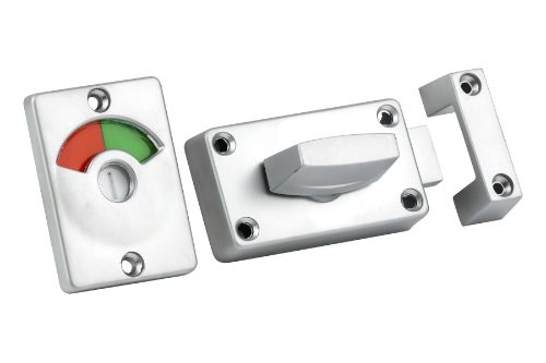 Zinc diecast indicator bolt in satin chrome finish with emergency release and colored indicators for door security.