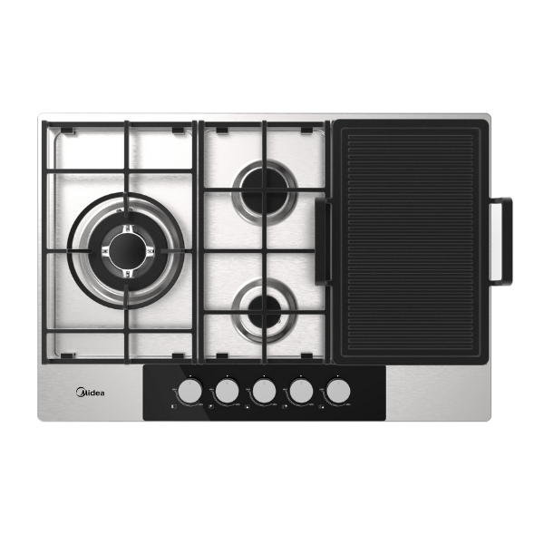 MIDEA 75cm stainless steel gas hob with grill, featuring four burners and flame safety device for efficient cooking.