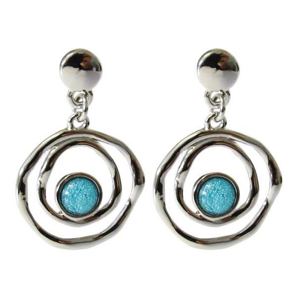 Jax Aqua Enclosed Earrings in blue marbled resin, featuring irregular circles and sleek rhodium finish, lightweight and stylish.