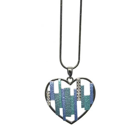 Teal and diamante heart pendant necklace on a gun metal chain, perfect for adding elegance to any outfit.