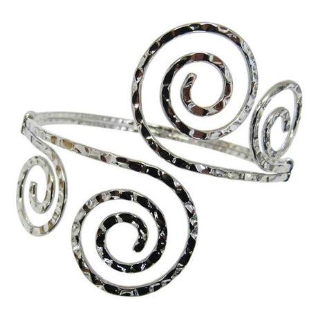 Dimpled rhodium swirl cuff bracelet, adjustable, elegant design with four eye-catching swirls, perfect for any occasion.