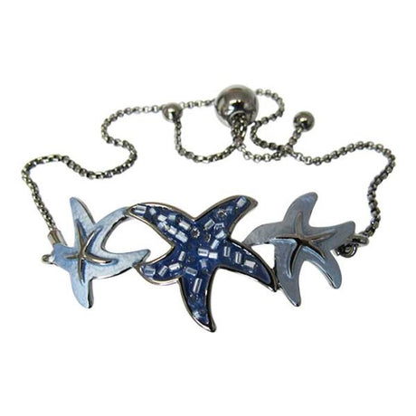 Blue starfish charms on an adjustable gun metal bracelet, perfect for ocean lovers and stylish accessories.
