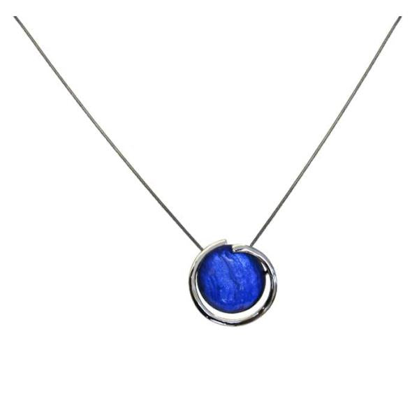 Elegant Jax Blue Moon Necklace with 3.5 cm blue resin pendant and a stylish plated brass snake chain, 46 cm long.