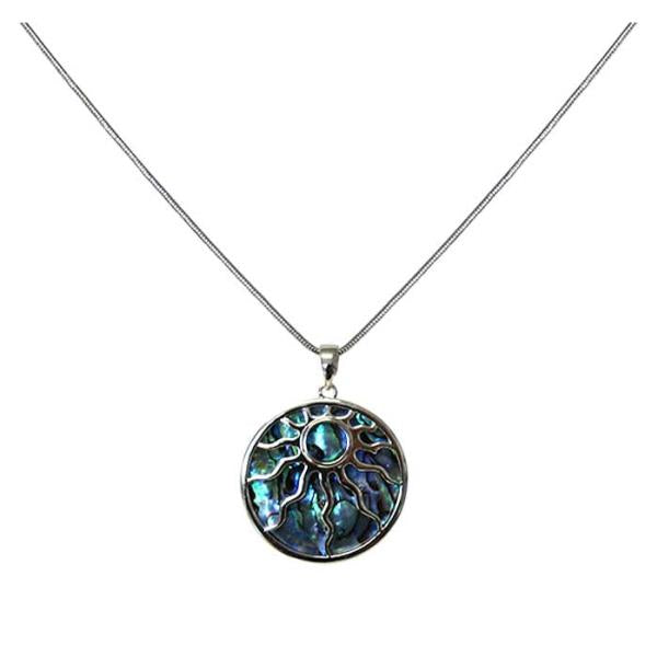 Jax Aztec Sun necklace features a vibrant faux paua pendant, 3.5 cm wide, on a customizable 46 cm chain.