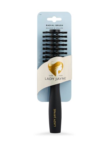 Medium radial brush with nylon and boar bristles, designed for detangling and scalp massaging short to medium hair.