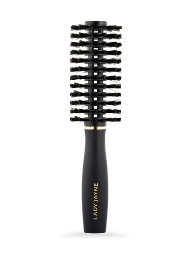 Medium radial brush with nylon and boar bristles for detangling short to medium hair and promoting scalp health.