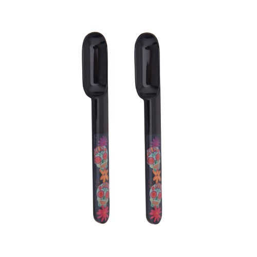 Day of the Dead-themed taco spoon set, feature durable melamine, perfect for filling tacos, and dishwasher safe.