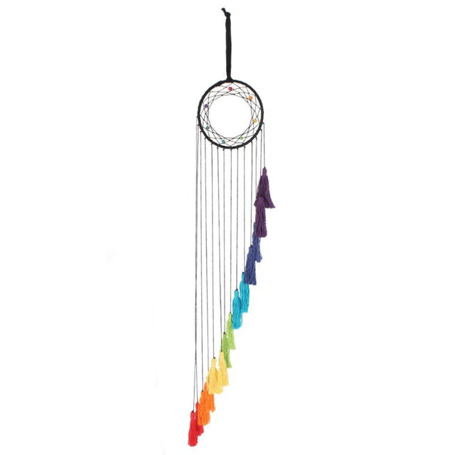 Colorful 16cm dreamcatcher featuring chakra symbols and tiered tassels, perfect for enhancing spiritual wellness and decor.