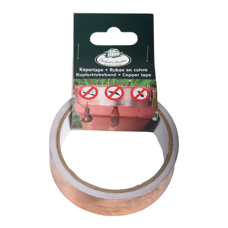 Self-adhesive copper tape deterring snails and ants in gardens, measuring 9x9x3cm for effective pest control.