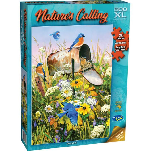 Nature's Calling puzzle by Holdson, 500XL pieces, features vibrant wildlife art, eco-friendly materials, ideal for ages 8+.