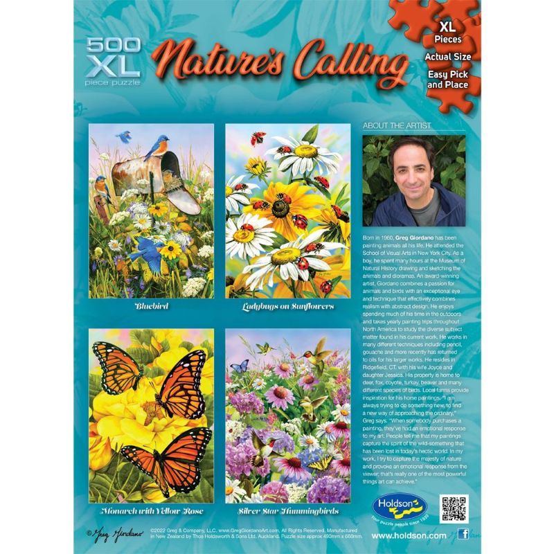 Holdson Puzzle - Nature's Calling: 500XL jigsaw depicting vibrant wildlife art by Greg Giordano, eco-friendly and engaging for all ages.