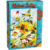 Colorful 500XL jigsaw puzzle featuring ladybugs on sunflowers, crafted from eco-friendly materials by Holdson.