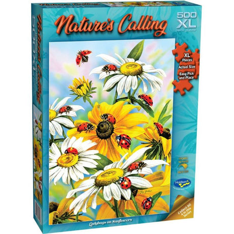 Colorful 500XL jigsaw puzzle featuring ladybugs on sunflowers, crafted from eco-friendly materials by Holdson.