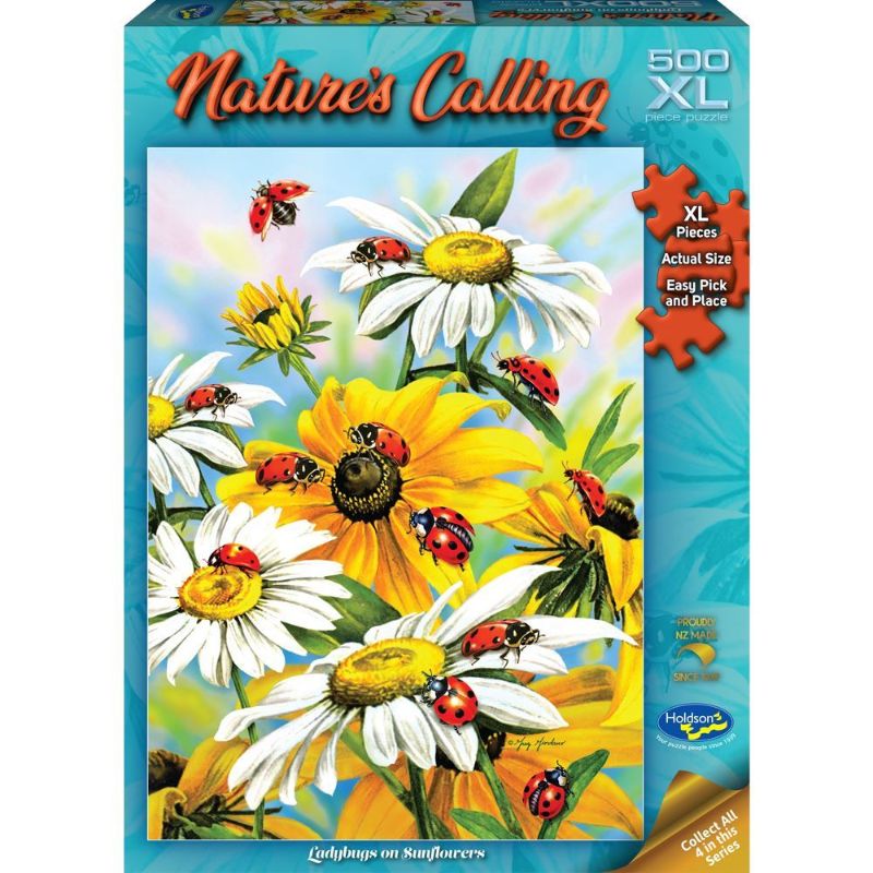 Colorful puzzle featuring ladybugs on sunflowers, crafted with eco-friendly materials for nature lovers and puzzle enthusiasts.