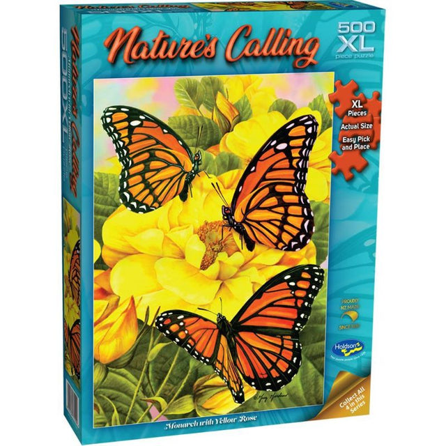 Holdson 500XL nature puzzle featuring a Monarch butterfly on a yellow rose, designed for easy handling and eco-friendly fun.