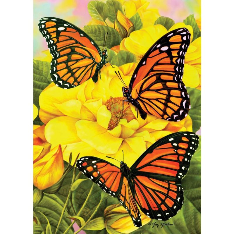 Colorful Holdson puzzle featuring a Monarch butterfly on a yellow rose, with 500 extra-large eco-friendly pieces.