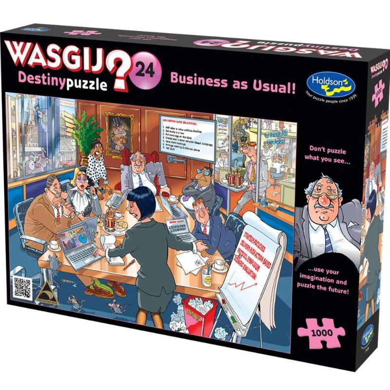 Colorful 1000-piece jigsaw puzzle depicting a humorous future office scene after 2020, made from eco-friendly materials.