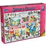 Colorful 1000-piece puzzle featuring butterfly collage art by Barbara Behr, made from eco-friendly materials.